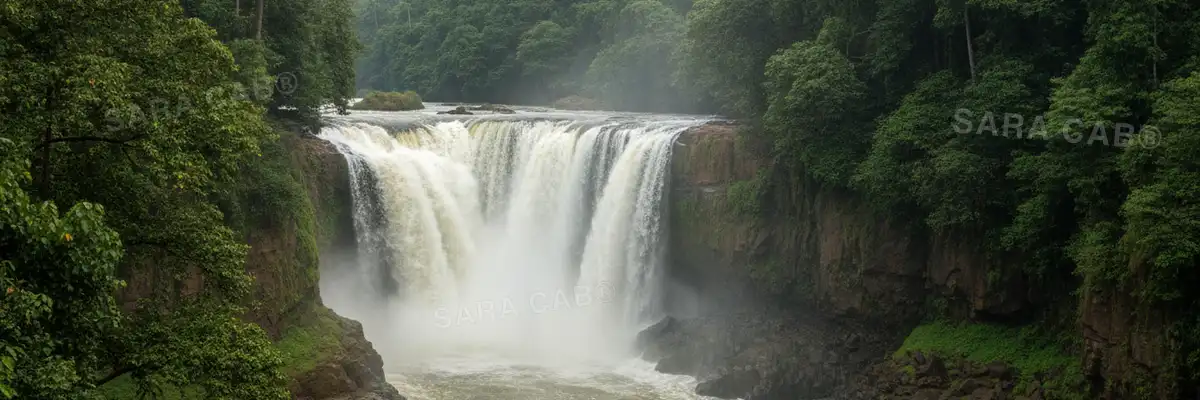 A wide waterfall dropping through rainforest at Athirappilly
