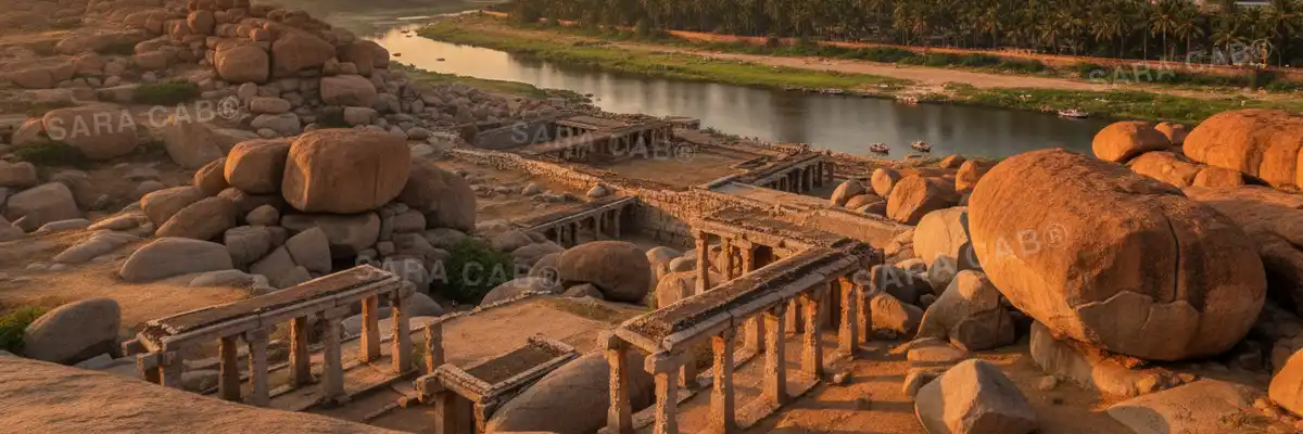 Granite boulder landscape and ruins at Hampi