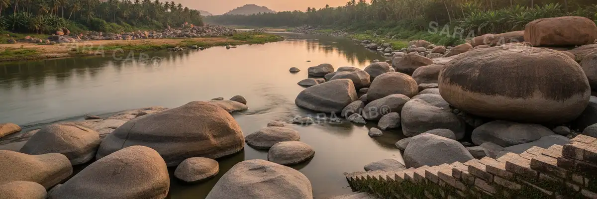 The Tungabhadra river running through the boulder country at Hampi
