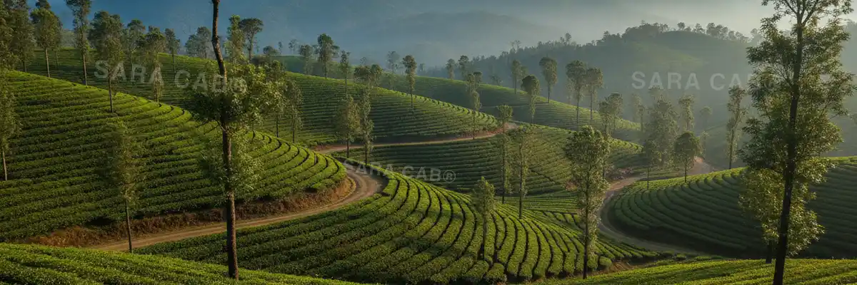 Tea estate slopes and silver oaks in the Nilgiris